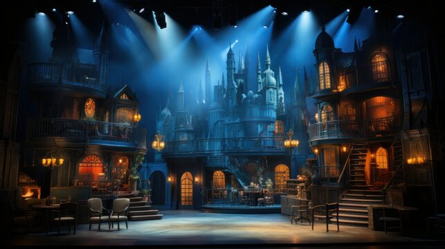 City streets exterior theater set with scenic elements, buildings, staircases, city backdrop and theatrical lighting