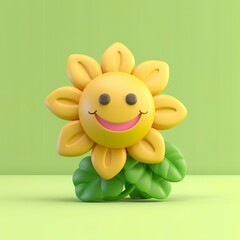 Yellow Flower 3d cartoon Rendering isolated on green background
