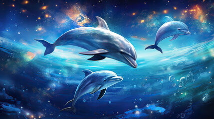 Dolphins leaping across moonbeams in a starlit ocean. AI generative