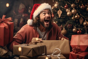 surprised and happy man opening Christmas presents - obrazy, fototapety, plakaty