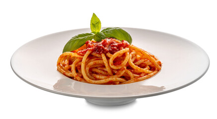 Bucatini pasta amatriciana with tomato sauce and basil leaves in white plate isolated 