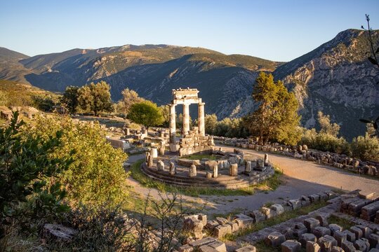 Image features the Temple of Artemis in Delphi, ruins of ancient Greece