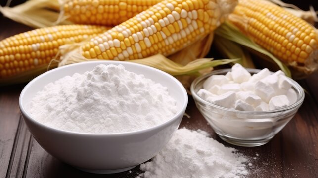 Corn starch in bowl with with ripe cobs and kernels on table.