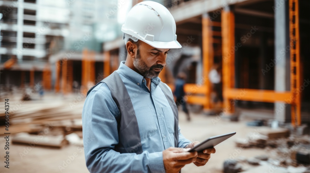 Aufkleber engineer using digital tablet at construction site, supervising building process.