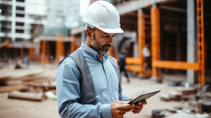 Engineer using digital tablet at construction site, Supervising building process.