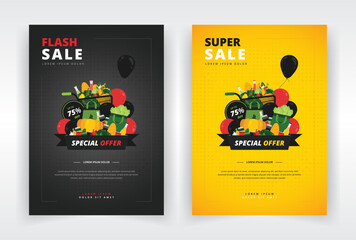Poster, flyer or leaflet template with a design of grocery items. Suitable for black friday, clearance or any other kind of sales event in a supermarket or grocery store