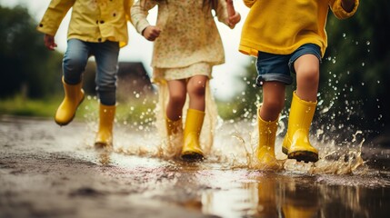 several children in yellow rain boots jumping - obrazy, fototapety, plakaty