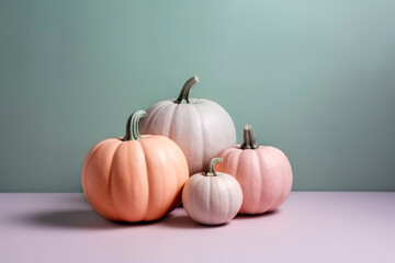 4 pastel colored pumpkins on light mint background. Minimal style, Halloween or Thanksgiving celebration