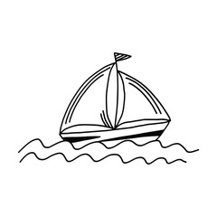 Cute hand drawn black outline doodle sailboat, yacht. Funny sketch sea transport with waves for emblem design, kids books and apps, textile print, logo, tattoo
