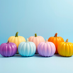 Obraz premium Beautiful multicolor painted pumpkins in studio, for Halloween or Thanksgiving decoration or advertisement in modern and minimalist style on light background.