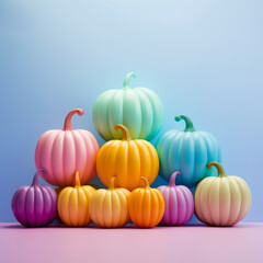 Beautiful multicolor painted pumpkins in studio, for Halloween or Thanksgiving decoration or advertisement in modern and minimalist style on light background.