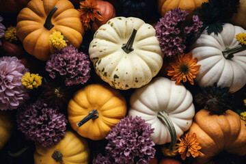 Obraz na płótnie Canvas Background of Pumpkins of various sizes and colors with flowers, autumn, trendy palette. halloween or thanksgiving