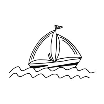 Cute hand drawn black outline doodle sailboat, yacht. Funny sketch sea transport with waves for emblem design, kids books and apps, textile print, logo, tattoo