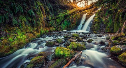 Tranquil scene of a forested area with moss-covered rocks and rushing stream.