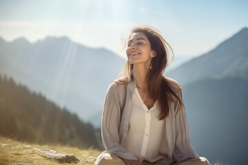 relaxed young woman breathing fresh air in the mountains