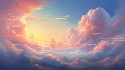 Dreamy cloudscape, where cotton-candy clouds meld with the hues of a setting sun. AI generative