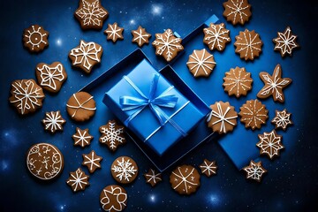Top view of a blue gift box with Christmas cookies inside it .