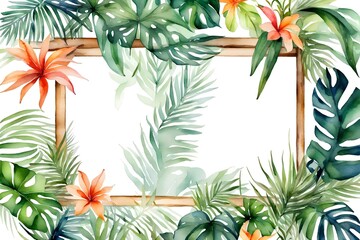 Fototapeta na wymiar Watercolor of a frame tropical plants around on white background.