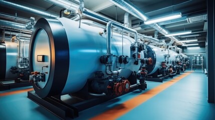 Fototapeta premium Interior of modern industrial boiler room with large metal tanks and pipes at industry factory.
