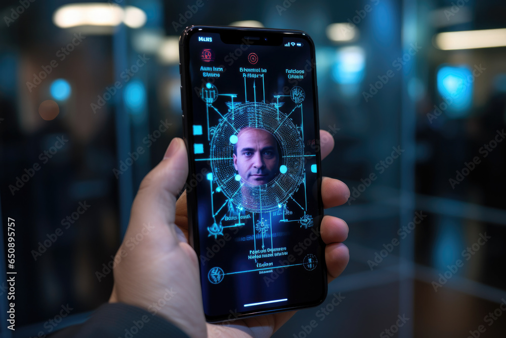 Poster a smartphone user using facial recognition for secure access to their device. generative ai.