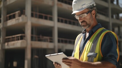 Architects using digital tablet at site.