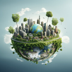 Planet Earth style crystal ball with buildings with trees over the sky. ecology concept