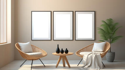 Vertical poster frame mockup in Minimal style living room interior, Modern living room interior background.