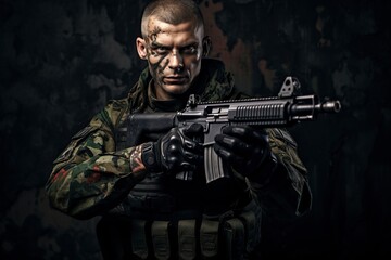 Fototapeta premium man in camouflage military uniform holding a machine gun