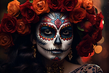 Woman wearing colorful skull mask and paper flowers for Dia de Los Muertos/Day of the Dead