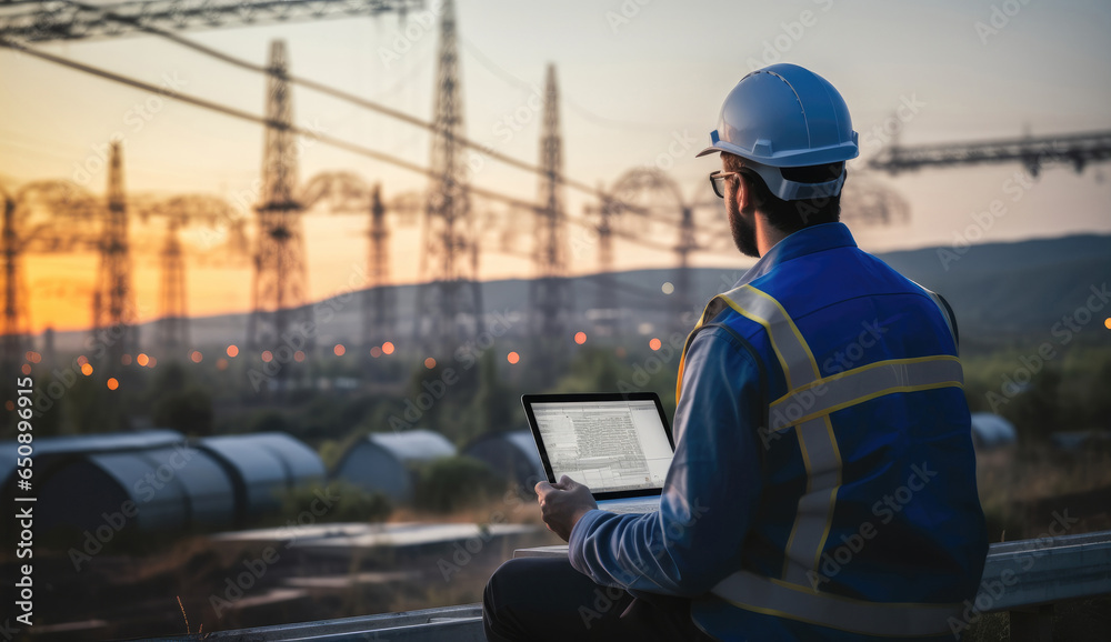 Poster engineer working on power plant with laptop, checking substation power.