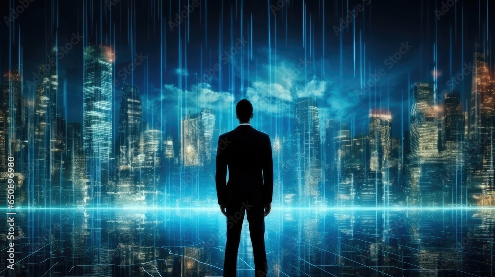 Poster businessman standing in cyberspace, technology, big data and blockchain concept.