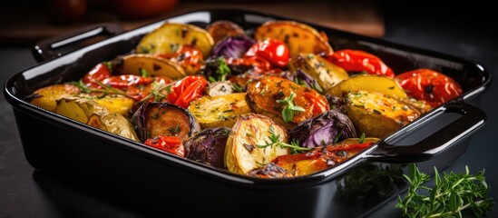 Seasonal vegan meal with rustic oven baked vegetables in a black dish on a gray stone background including potatoes tomatoes and peppers - obrazy, fototapety, plakaty