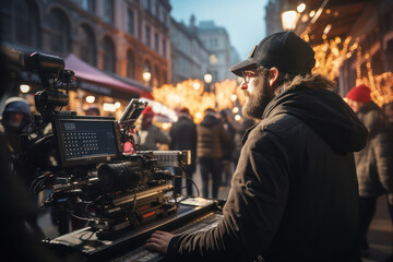 A filmmaker directing a scene on a bustling city street. Concept of cinematic creativity....