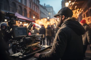 Tuinposter A filmmaker directing a scene on a bustling city street. Concept of cinematic creativity. Generative Ai. © Sebastian