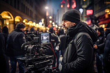 Fototapeta na wymiar A filmmaker directing a scene on a bustling city street. Concept of cinematic creativity. Generative Ai.