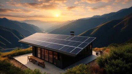 Home with rooftop solar panel system set on mountainous. - obrazy, fototapety, plakaty