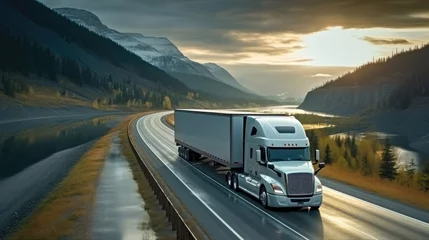 Papier Peint photo Lavable Canada Semi Truck on highway in beautiful mountains.