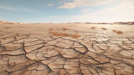 A dry and desolate desert landscape with cracks in the mud and patches of grass - obrazy, fototapety, plakaty
