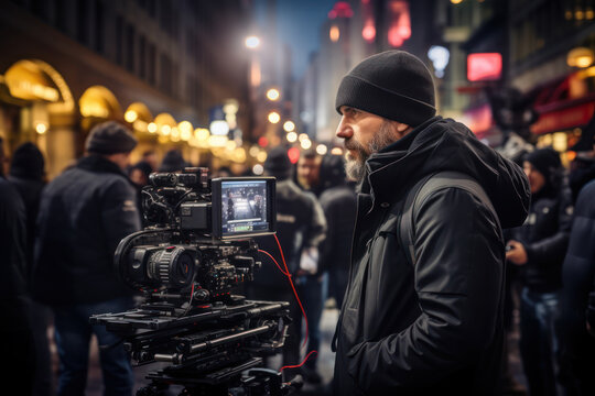 A filmmaker directing a scene on a bustling city street. Concept of cinematic creativity. Generative Ai.