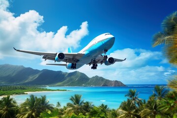 Obraz na płótnie Canvas A big aircraft jet in the sky of a tropical island.