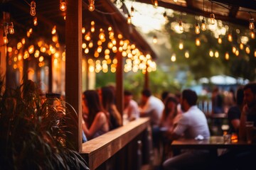 An outdoor bar and restaurant with people. - obrazy, fototapety, plakaty