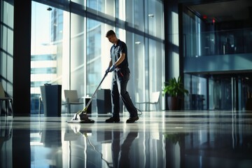 A building cleaner at work in an office building. - obrazy, fototapety, plakaty