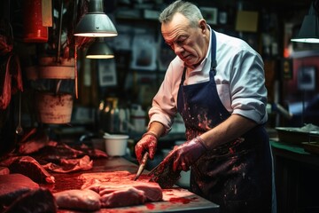 A male butcher at work.