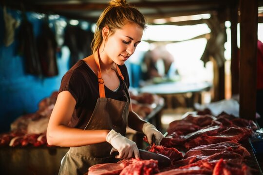 A female butcher at work.