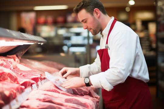 A male butcher sales clerk at work.