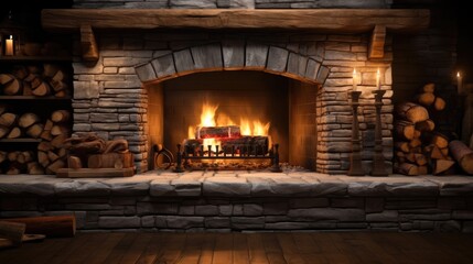 The fireplace in the house, Stone fireplace ablaze. - Powered by Adobe