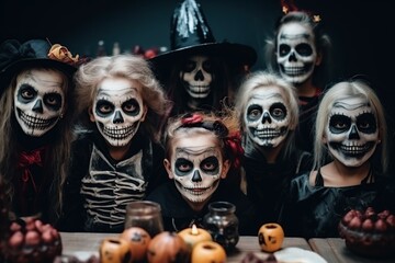 happy kids with spooky Halloween costume makeup