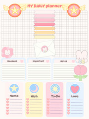 Weekly planner inspiration notepaper design printable .  White pink pages for tags , weekly notes,  to do list minimal style with flower tags cartoon character 