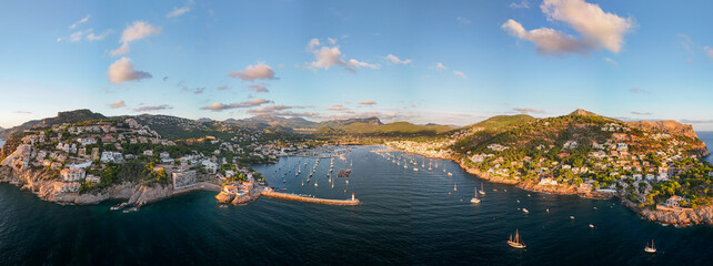Panoramic aerial views of the Port of Andratx, seen from behind its lighthouse.