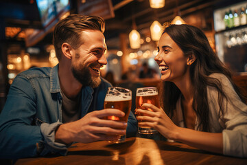 Couple toasting with two beers in a bar one night out, love and romance concept